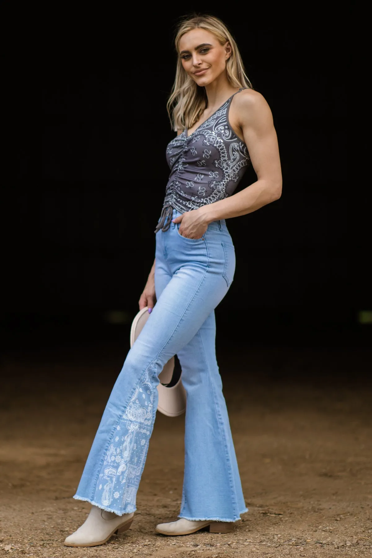 YMI Light Wash Paisley Print Panel Flare Jeans