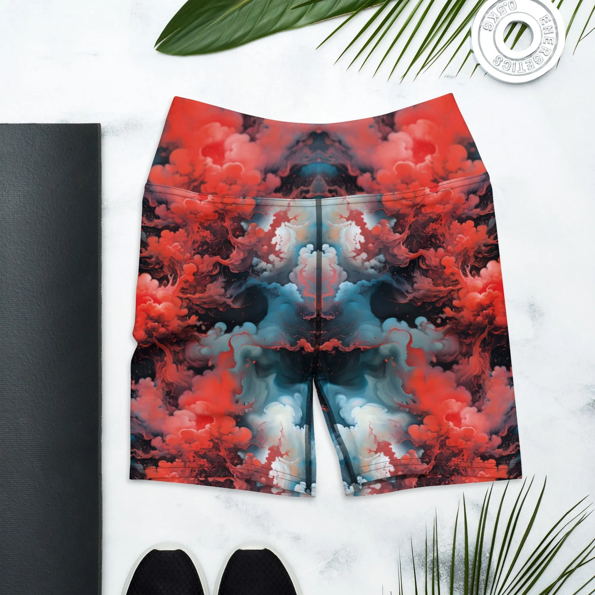 Yoga Shorts - Ethereal Crimson Flow - Dark