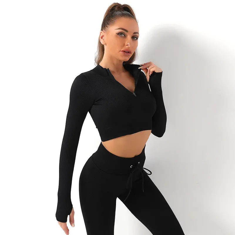 Zipper Seamless Yoga Top for Women - Long Sleeve Crop Top