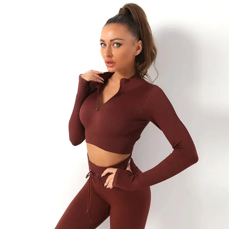 Zipper Seamless Yoga Top for Women - Long Sleeve Crop Top